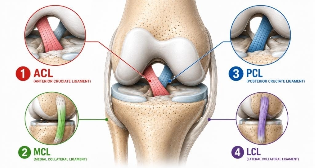 Knee anatomy diagram showing ACL, PCL, MCL and LCL ligaments with callout labels